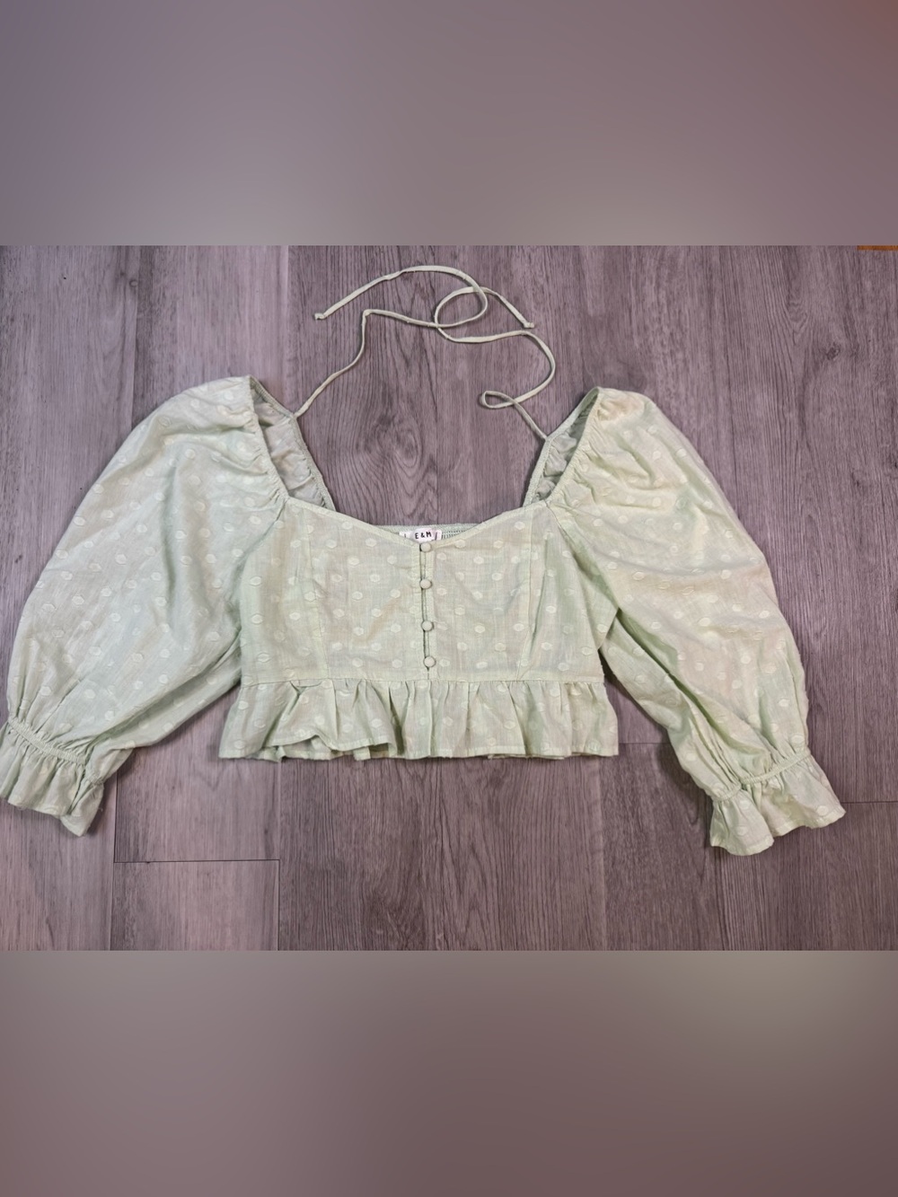 E & M Light Green Button Front Polka Dot Textured Long Sleeve Cropped Top Small